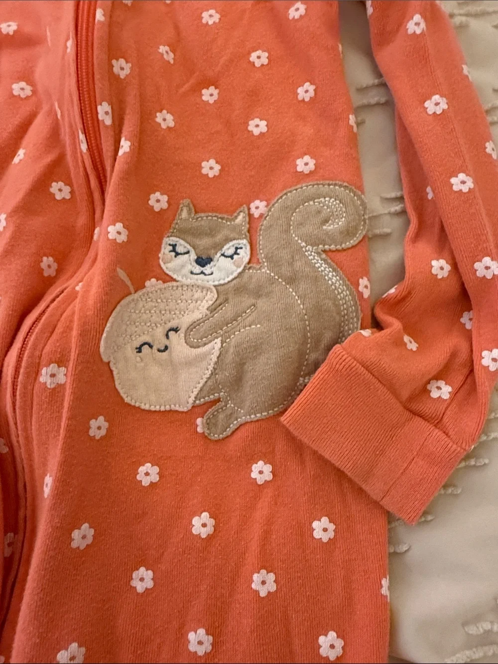 Orange Floral Baby Girls Pajamas with Squirrel Patch
